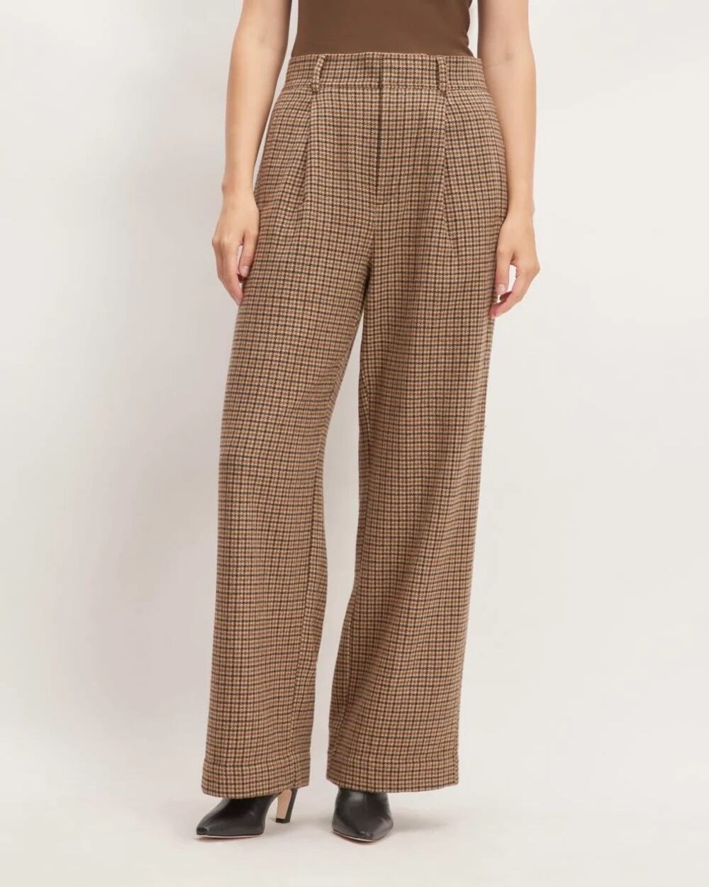 EVERLANE ReWool Way-High Slouch Trouser Pants in Camel Tan Houndstooth Size 6